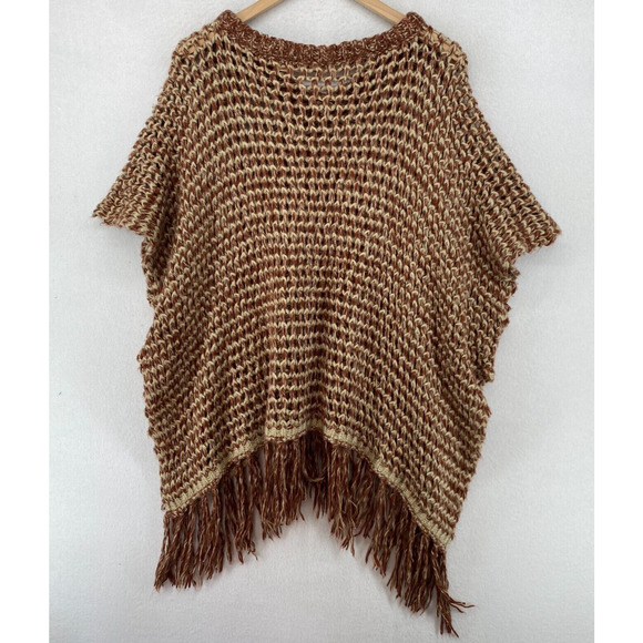 MOTH ANTHROPOLOGIE Sweater PONCHO OS Boho Crochet Oversized Tasseled Brown - Picture 3 of 13